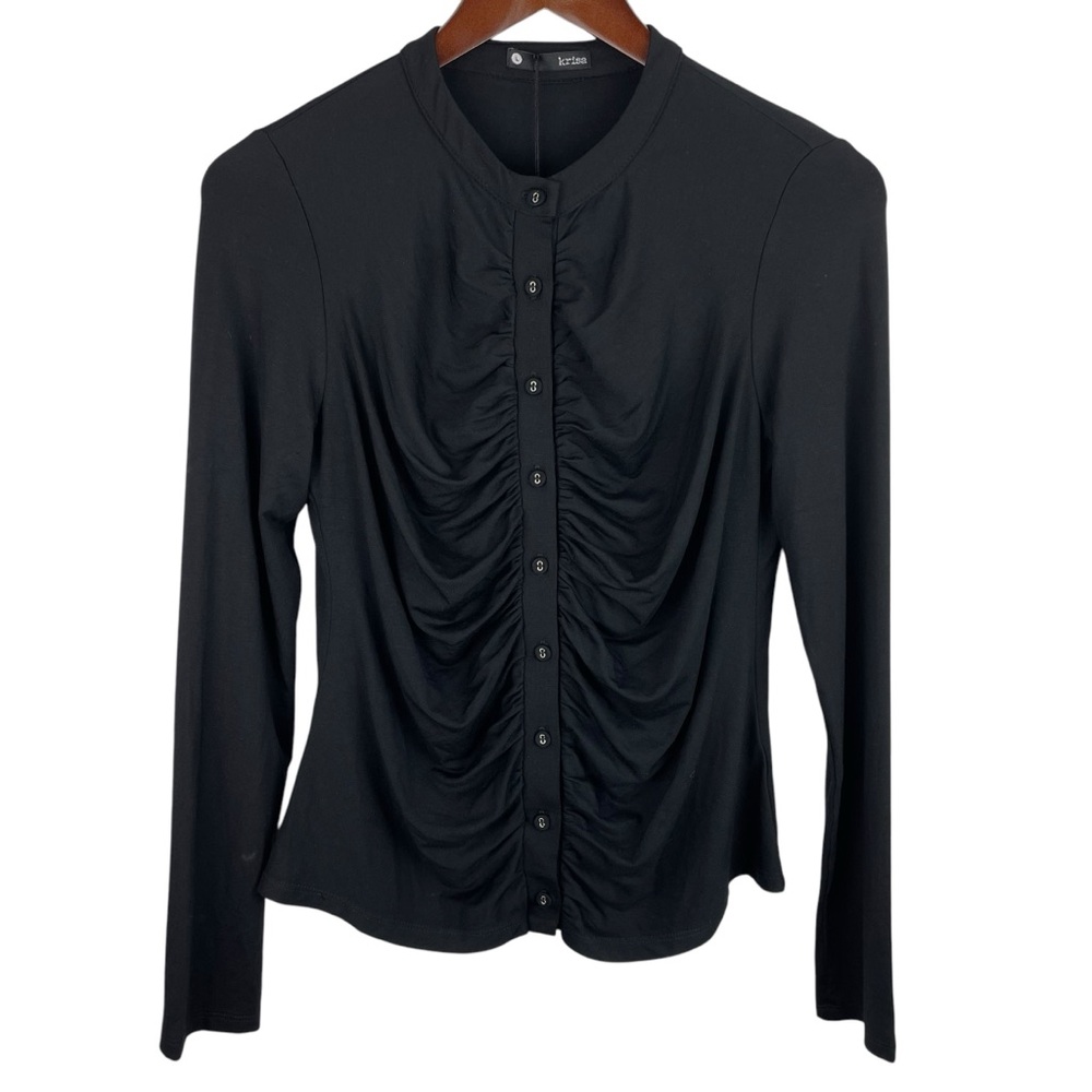 Krisa | Black Button Front Ruched Long Sleeve Top New